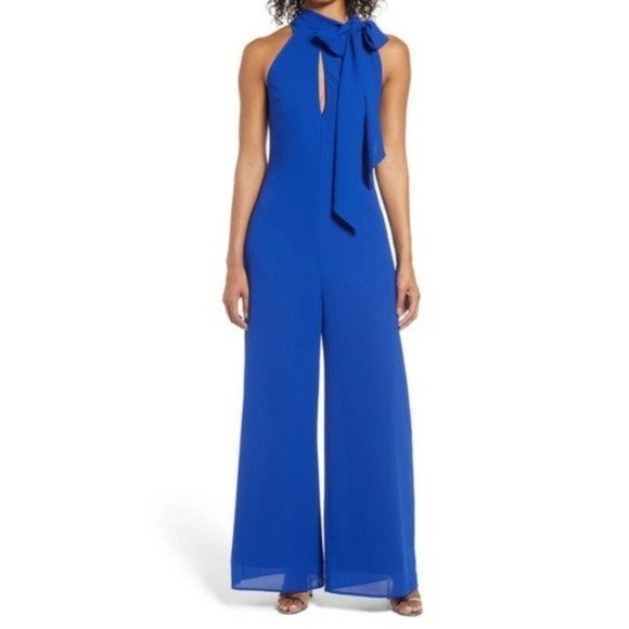 Nwt Mark & James By Badgley Mischka Side Tie Neck Jumpsuit With Keyhole Size 10